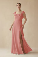Mulberry Square Neck A-Line Bridesmaid Dress with Ruffles | KISSBRIDAL