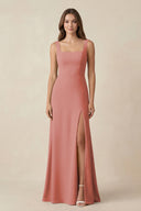 Mulberry Square Neck A-Line Bridesmaid Dress With Slit | KISSBRIDAL