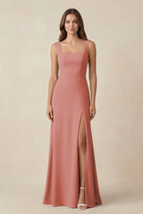 Mulberry Square Neck A-Line Bridesmaid Dress With Slit | KISSBRIDAL