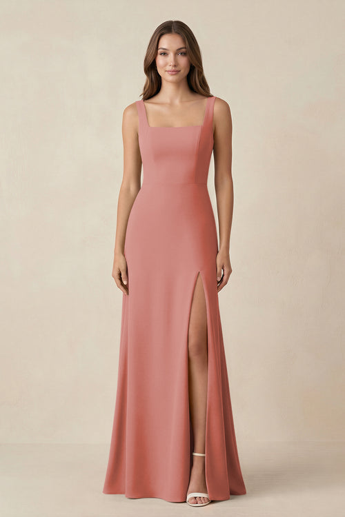 Mulberry Square Neck A-Line Bridesmaid Dress With Slit | KISSBRIDAL