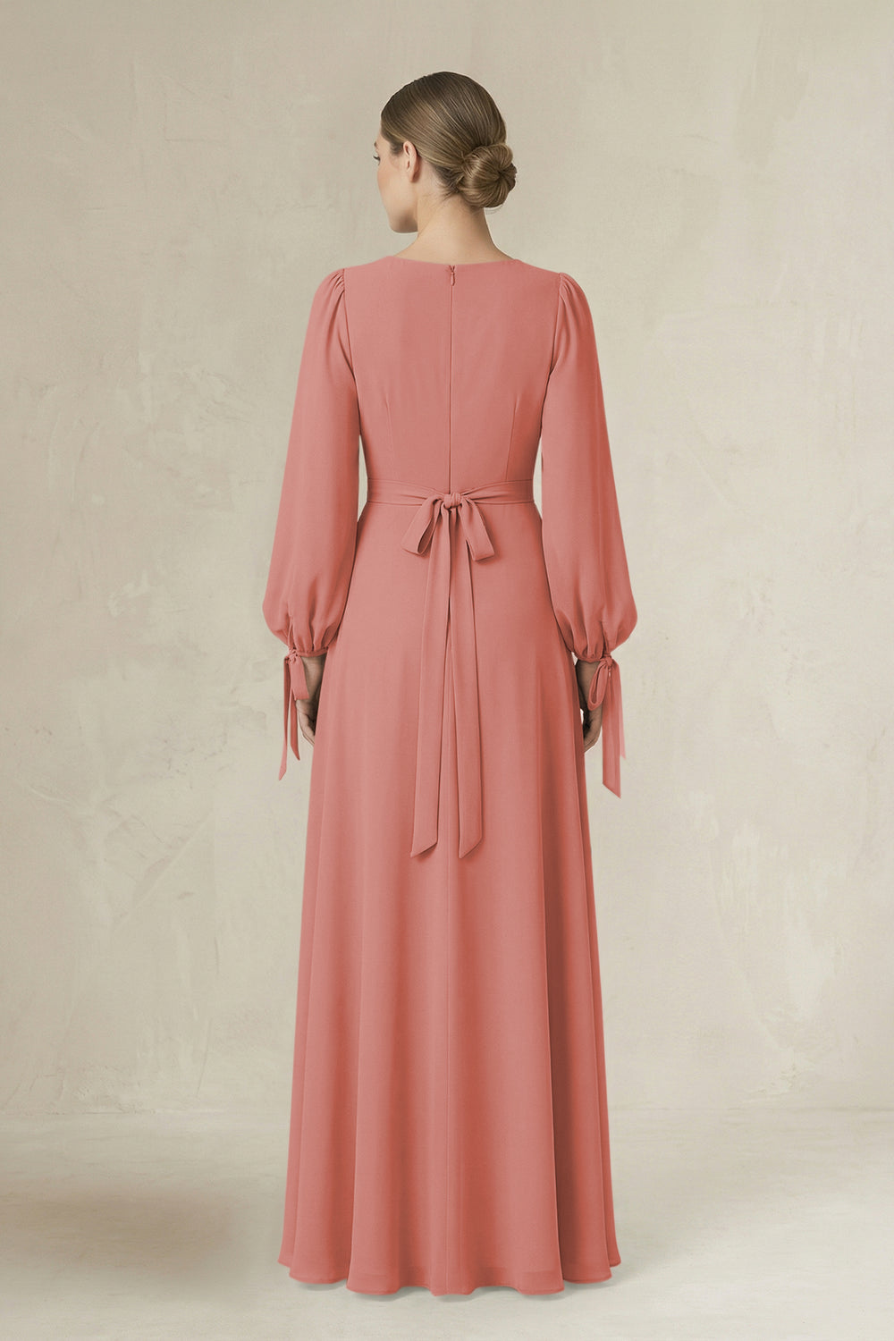 Square Neck Long Sleeve A-Line Chiffon Bridesmaid Dress in Mulberry