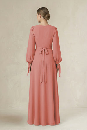 Mulberry Square Neck Long Sleeve A-Line Chiffon Bridesmaid Dress in Mulberry (2) | KISSBRIDAL