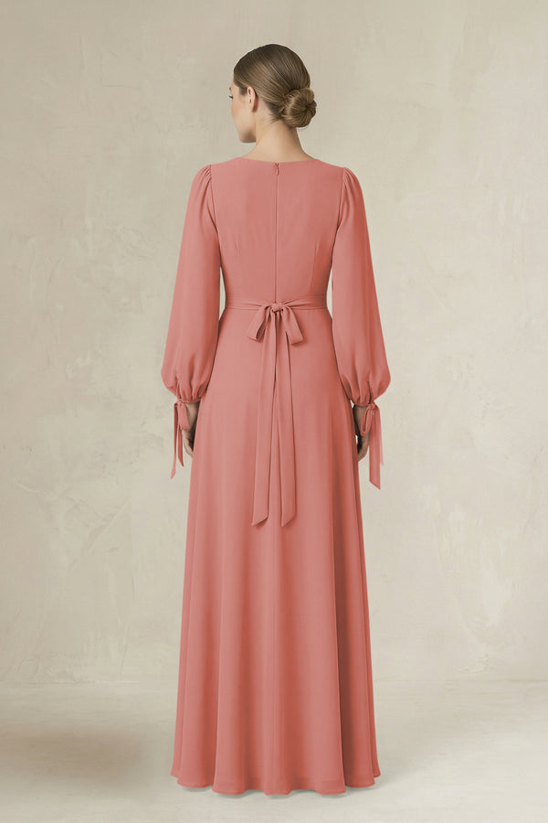 Mulberry Square Neck Long Sleeve A-Line Chiffon Bridesmaid Dress in Mulberry (2) | KISSBRIDAL