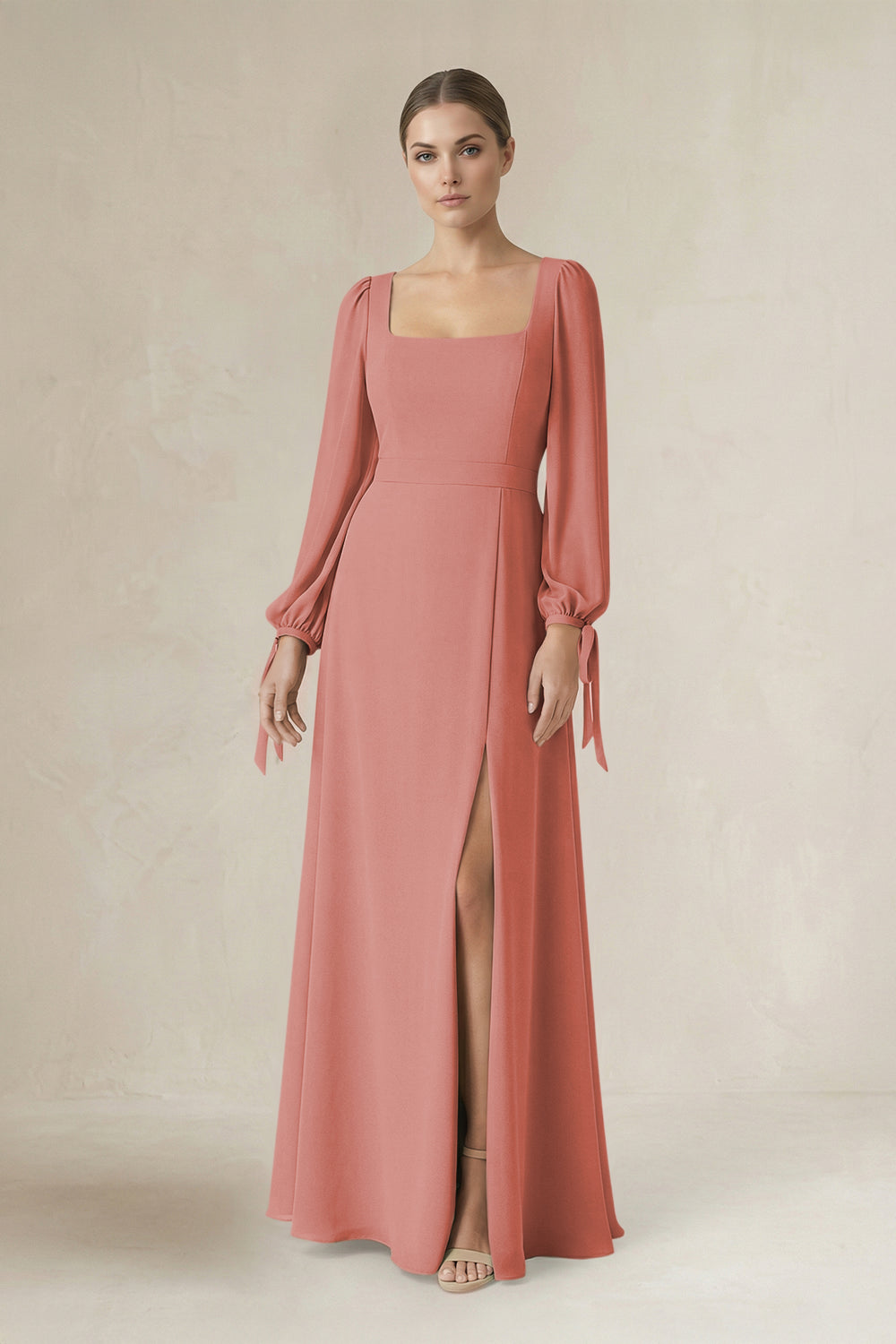 Square Neck Long Sleeve A-Line Chiffon Bridesmaid Dress in Mulberry