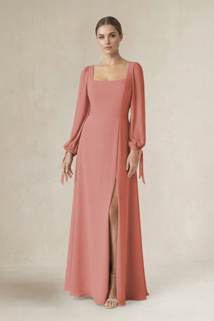 Mulberry Square Neck Long Sleeve A-Line Chiffon Bridesmaid Dress in Mulberry | KISSBRIDAL