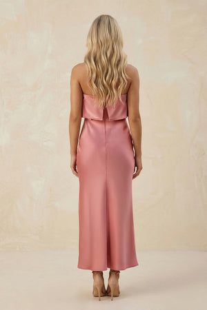 Mulberry Strapless Sheath Midi Satin Bridesmaid Dress With Slit (2) | KISSBRIDAL