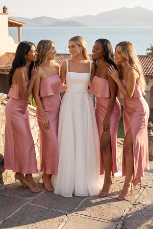 Mulberry Strapless Sheath Midi Satin Bridesmaid Dress With Slit (5) | KISSBRIDAL