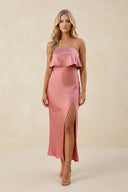 Mulberry Strapless Sheath Midi Satin Bridesmaid Dress With Slit | KISSBRIDAL