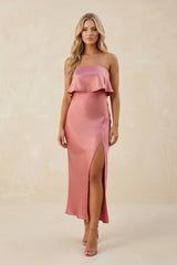 Mulberry Strapless Sheath Midi Satin Bridesmaid Dress With Slit | KISSBRIDAL