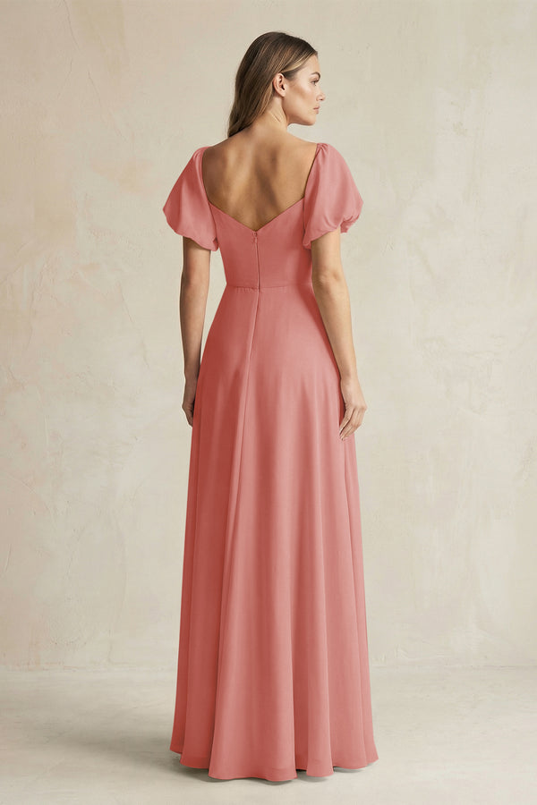 Mulberry Sweetheart Puff Sleeve A-Line Chiffon Bridesmaid Dress (2) | KISSBRIDAL