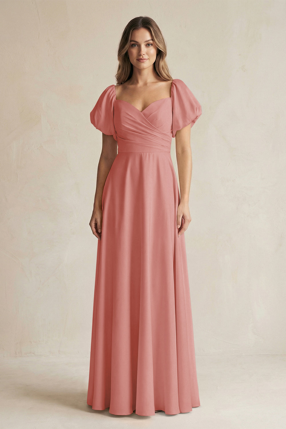 Sweetheart Puff Sleeve A-Line Chiffon Bridesmaid Dress in Mulberry