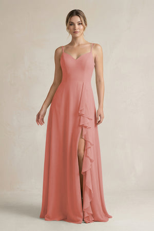 Mulberry Sweetheart Ruffled A-Line Chiffon Bridesmaid Dress with Slit | KISSBRIDAL