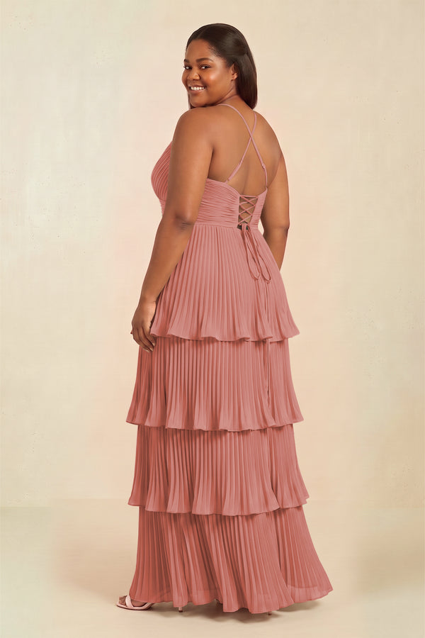 Mulberry Tiered Pleated V-Neck A-Line Chiffon Bridesmaid Dress (2) [sizeplus] | KISSBRIDAL