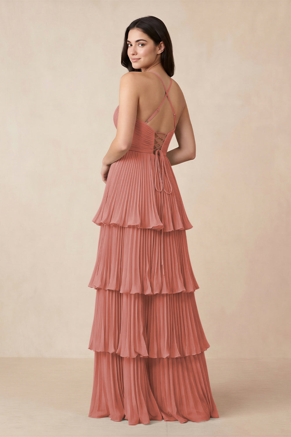 Tiered Pleated V-Neck A-Line Chiffon Bridesmaid Dress in Mulberry