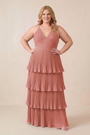 Mulberry Tiered Pleated V-Neck A-Line Chiffon Bridesmaid Dress (3) [sizeplus] | KISSBRIDAL