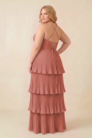 Mulberry Tiered Pleated V-Neck A-Line Chiffon Bridesmaid Dress (4) [sizeplus] | KISSBRIDAL