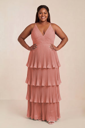 Mulberry Tiered Pleated V-Neck A-Line Chiffon Bridesmaid Dress [sizeplus] | KISSBRIDAL