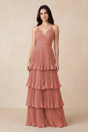 Mulberry Tiered Pleated V-Neck A-Line Chiffon Bridesmaid Dress | KISSBRIDAL