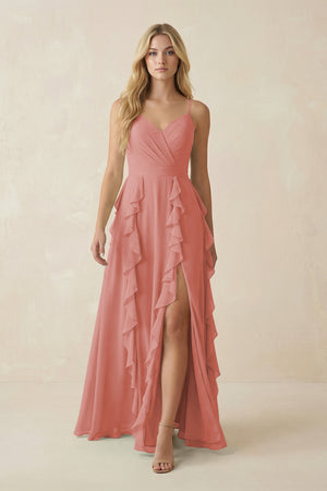 Mulberry Tiered Ruffle A-Line Chiffon Bridesmaid Dress | KISSBRIDAL
