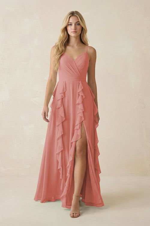Mulberry Tiered Ruffle A-Line Chiffon Bridesmaid Dress | KISSBRIDAL