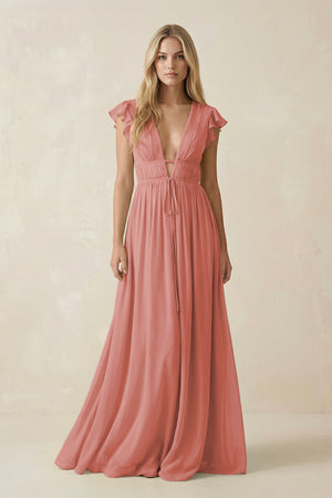 Mulberry V-Neck A-Line Chiffon Cap Sleeves Bridesmaid Dress | KISSBRIDAL