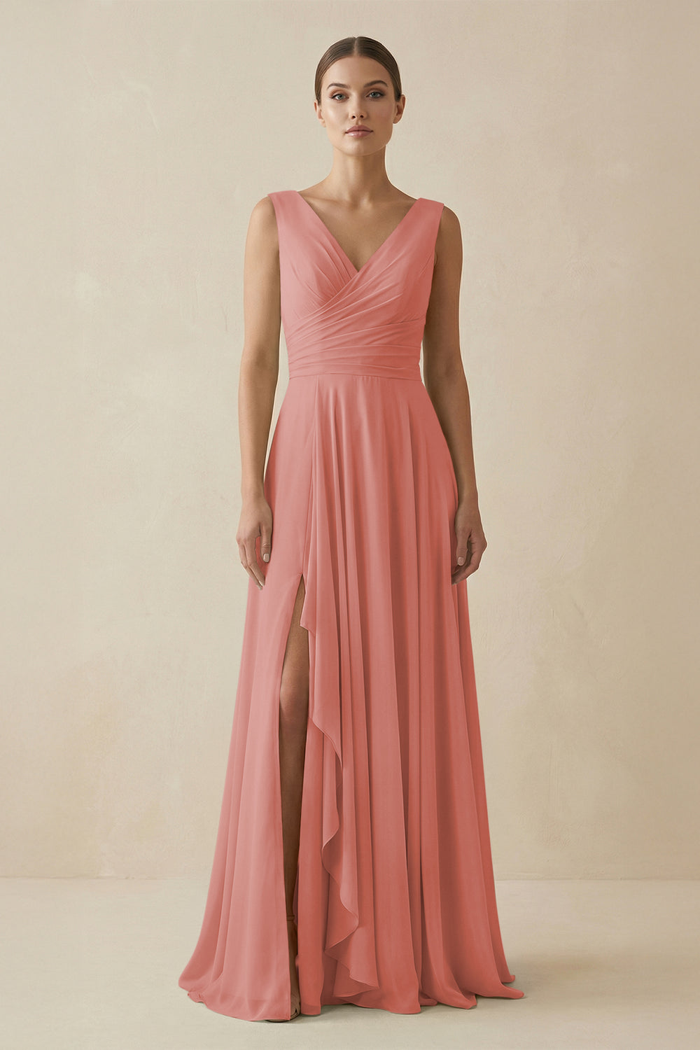 V-Neck A-Line Chiffon Ruffled Bridesmaid Dress in Mulberry