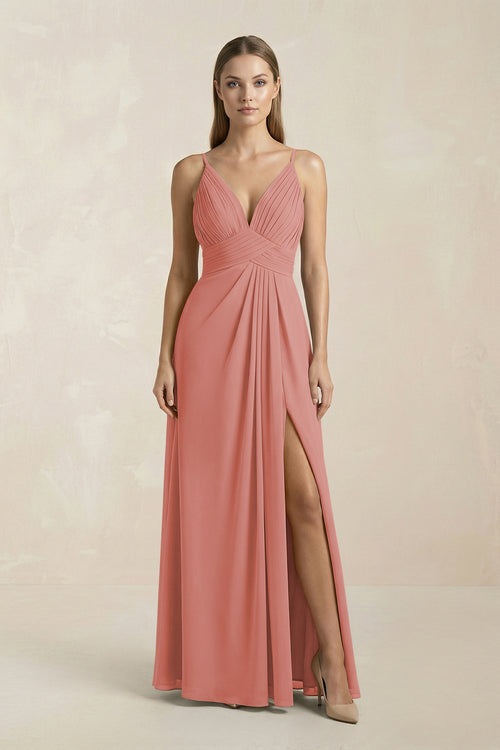 Mulberry V-Neck A-Line Pleated Chiffon Bridesmaid Dress | KISSBRIDAL