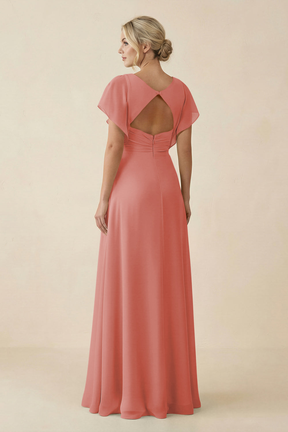 V-Neck Cap Sleeve Chiffon Bridesmaid Dress with Cut-out Back in Mulberry