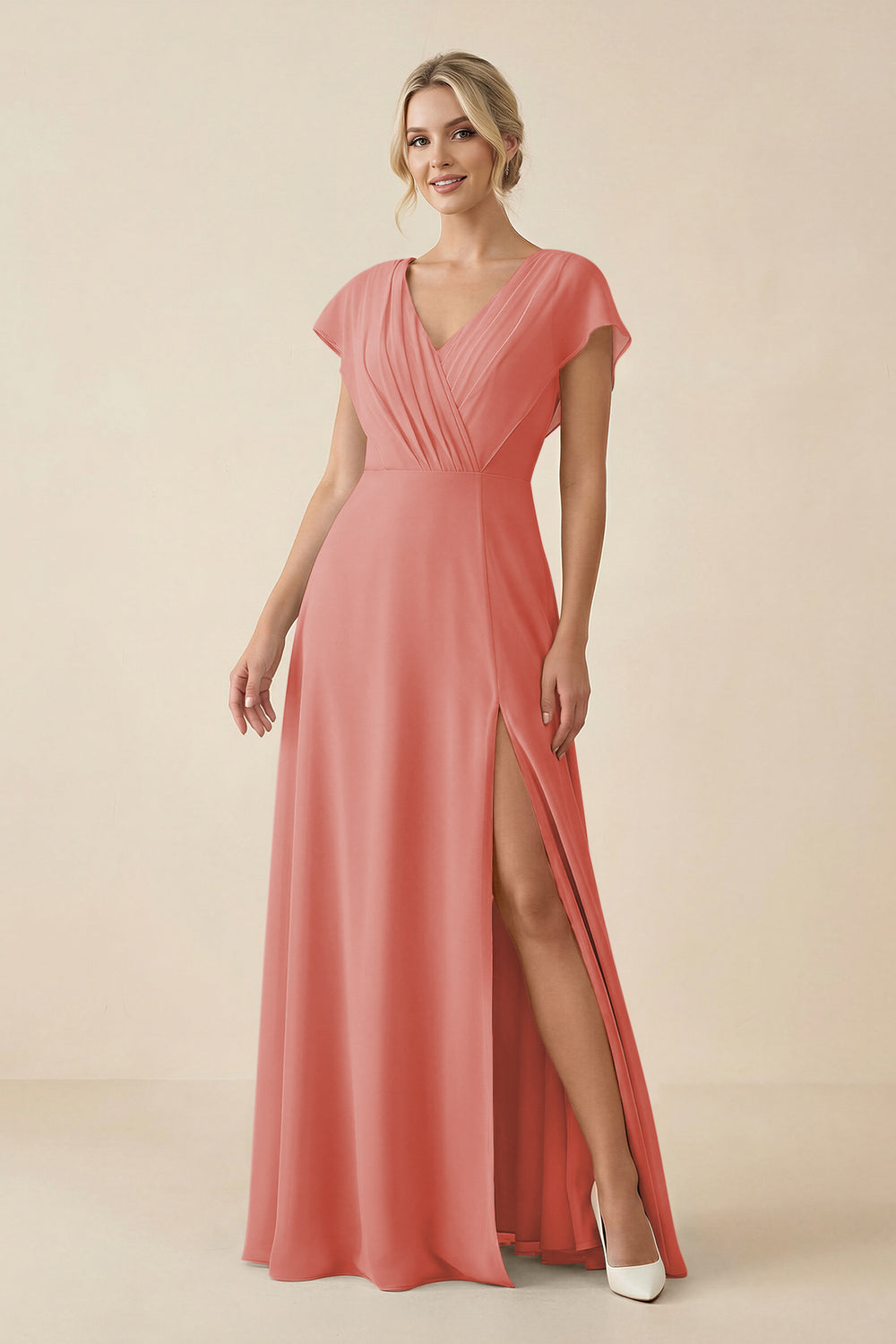 V-Neck Cap Sleeve Chiffon Bridesmaid Dress with Cut-out Back in Mulberry