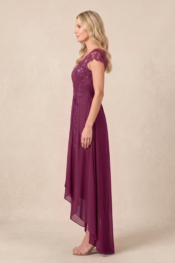 Mulberry V-Neck Chiffon A-Line Embroidered Ruched Mother of the Bride Dress (3) | KISSBRIDAL
