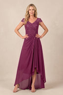 Mulberry V-Neck Chiffon A-Line Embroidered Ruched Mother of the Bride Dress | KISSBRIDAL