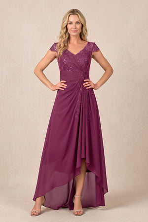 Mulberry V-Neck Chiffon A-Line Embroidered Ruched Mother of the Bride Dress | KISSBRIDAL