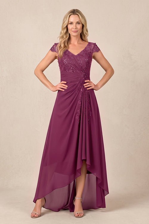 Mulberry V-Neck Chiffon A-Line Embroidered Ruched Mother of the Bride Dress | KISSBRIDAL