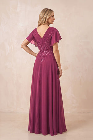 Mulberry V-Neck Chiffon Ruffled Sleeves A-Line Mother of the Bride Dress (2) | KISSBRIDAL
