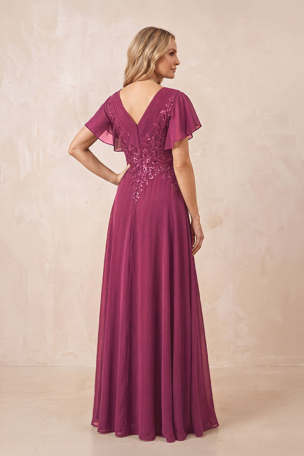 Mulberry V-Neck Chiffon Ruffled Sleeves A-Line Mother of the Bride Dress (2) | KISSBRIDAL