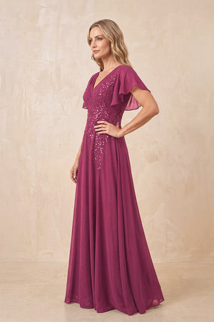 Mulberry V-Neck Chiffon Ruffled Sleeves A-Line Mother of the Bride Dress (3) | KISSBRIDAL