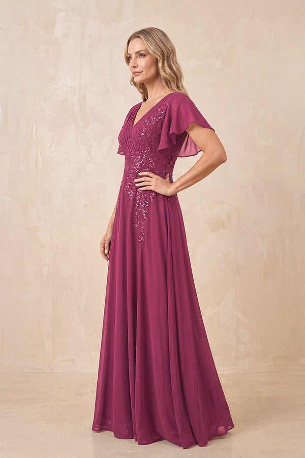 Mulberry V-Neck Chiffon Ruffled Sleeves A-Line Mother of the Bride Dress (3) | KISSBRIDAL