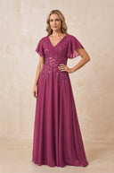 Mulberry V-Neck Chiffon Ruffled Sleeves A-Line Mother of the Bride Dress | KISSBRIDAL