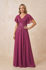 Mulberry V-Neck Chiffon Ruffled Sleeves A-Line Mother of the Bride Dress | KISSBRIDAL