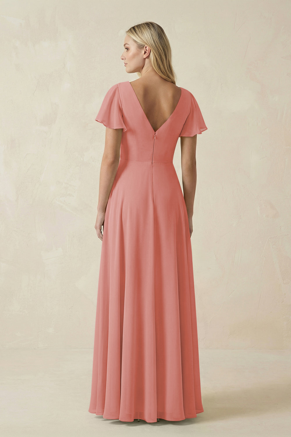 V-Neck Flutter Sleeve A-Line Chiffon Bridesmaid Dress in Mulberry