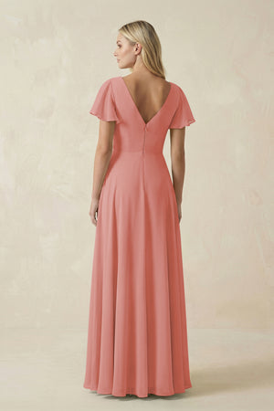 Mulberry V-Neck Flutter Sleeve A-Line Chiffon Bridesmaid Dress (2) | KISSBRIDAL