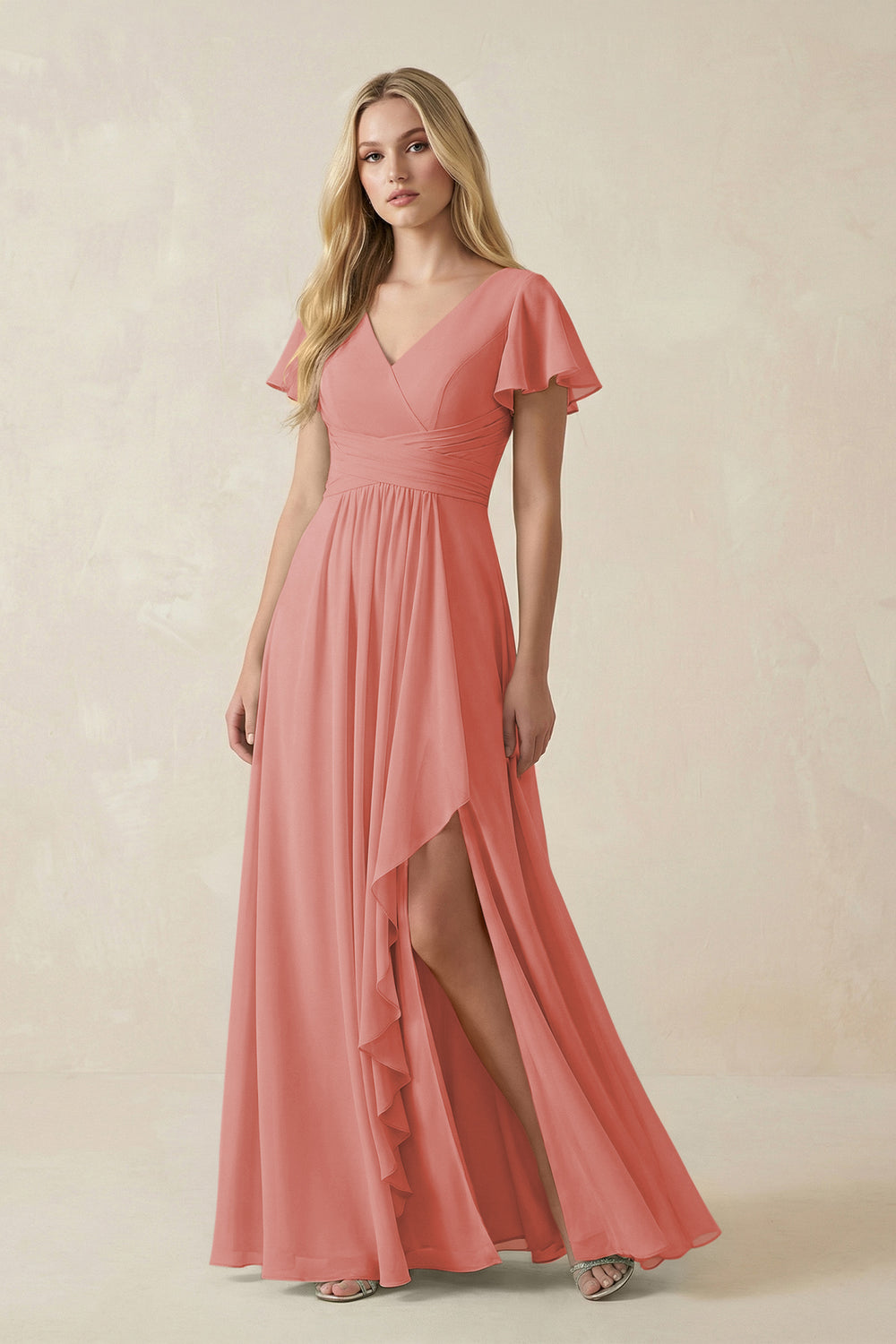V-Neck Flutter Sleeve A-Line Chiffon Bridesmaid Dress in Mulberry