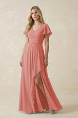 Mulberry V-Neck Flutter Sleeve A-Line Chiffon Bridesmaid Dress | KISSBRIDAL