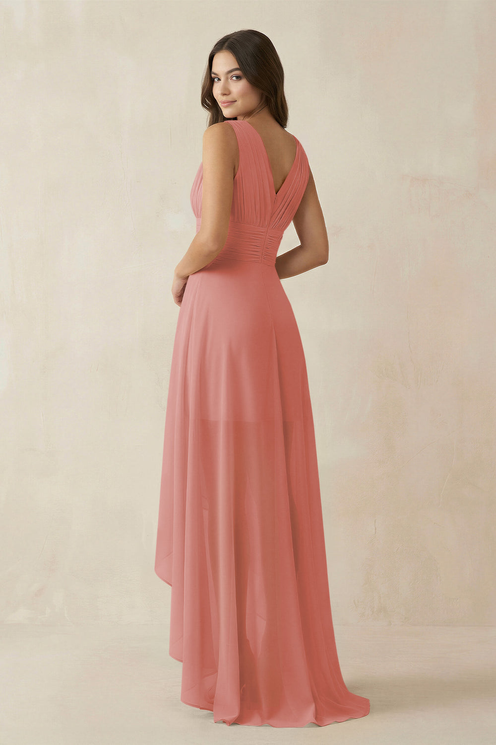 V-Neck High-Low Chiffon Bridesmaid Dress in Mulberry