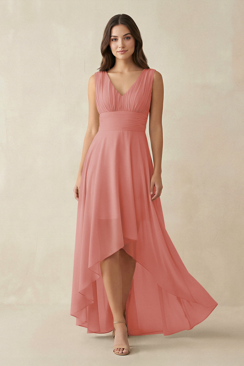 V-Neck High-Low Chiffon Bridesmaid Dress in Mulberry