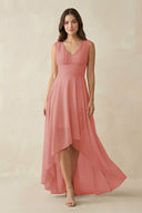 Mulberry V-Neck High-Low Chiffon Bridesmaid Dress | KISSBRIDAL