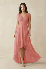 Mulberry V-Neck High-Low Chiffon Bridesmaid Dress | KISSBRIDAL