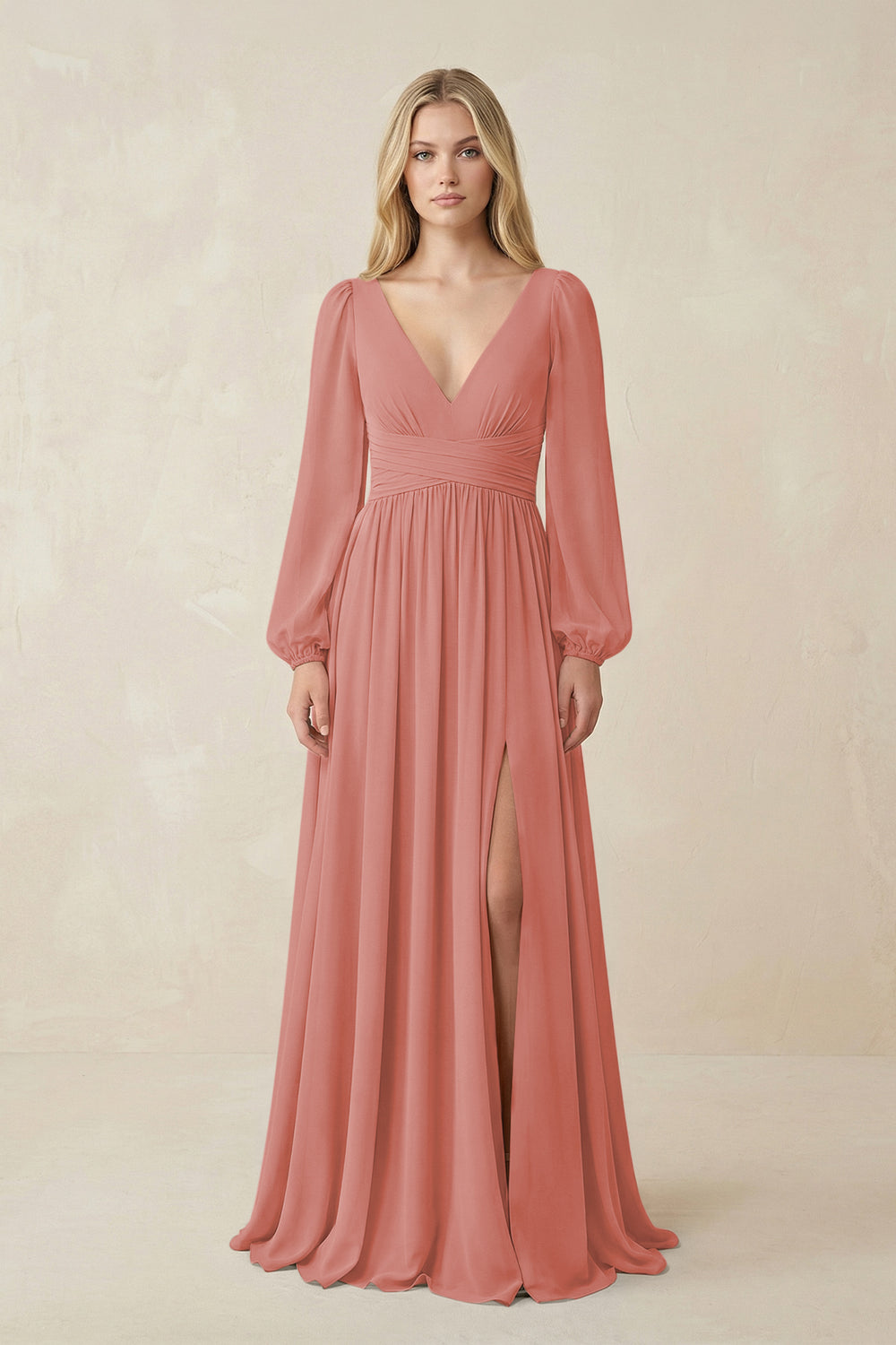V-Neck Long Sleeve A-Line Chiffon Bridesmaid Dress in Mulberry