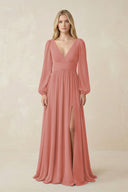 Mulberry V-Neck Long Sleeve A-Line Chiffon Bridesmaid Dress | KISSBRIDAL
