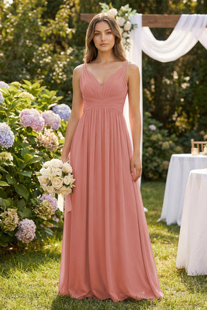 Mulberry V-Neck Pleated A-Line Chiffon Bridesmaid Dress (3) | KISSBRIDAL